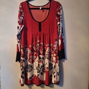 Rosegal Red Floral Empire Waist Babydoll Long Sleeve Dress Size Large